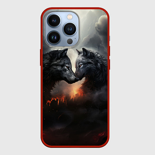Чехол iPhone 13 Pro Влюбленные волки в дыму / 3D-Красный – фото 1