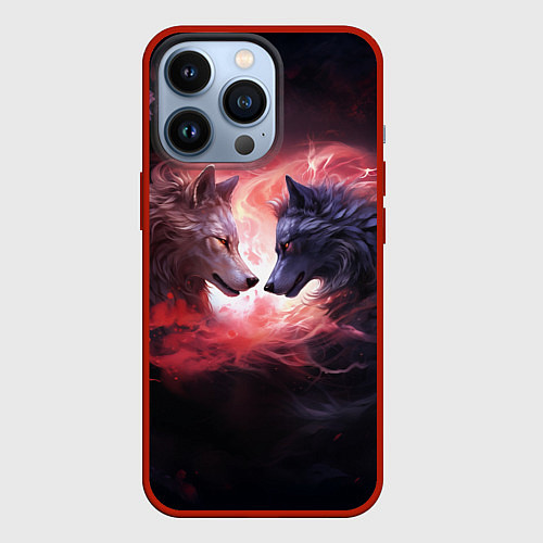 Чехол iPhone 13 Pro Влюбленные волки разного раскраса / 3D-Красный – фото 1