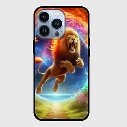 Чехол для iPhone 13 Pro Лев прыгает через огненное кольцо - нейроарт фанта, цвет: 3D-черный