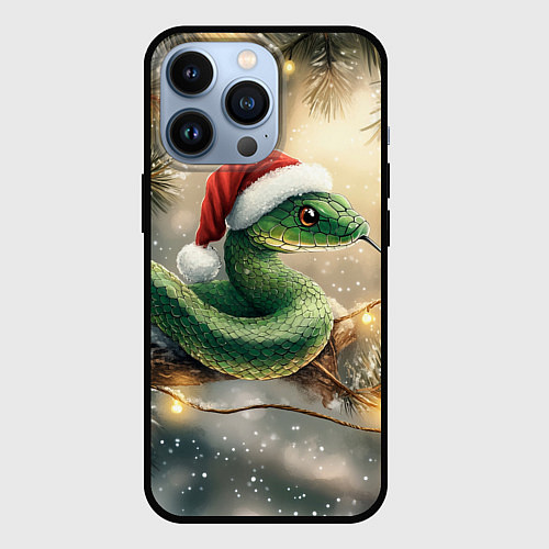 Чехол iPhone 13 Pro Новогодняя змея на ветке ели / 3D-Черный – фото 1