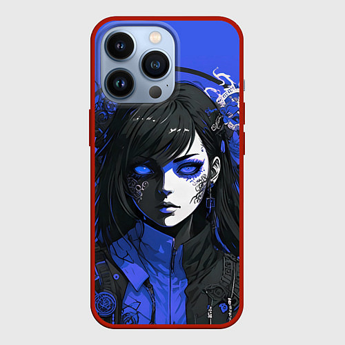 Чехол iPhone 13 Pro Девушка в стиле аниме в куртке на голубом фоне / 3D-Красный – фото 1