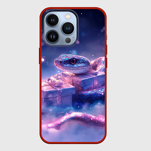 Чехол iPhone 13 Pro Новогодняя магическая змея с подарками / 3D-Красный – фото 1