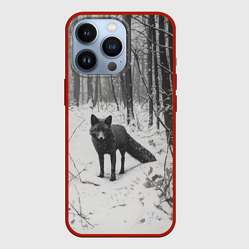 Чехол iPhone 13 Pro Черная лиса в заснеженном лесу / 3D-Красный – фото 1