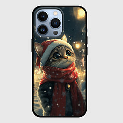 Чехол для iPhone 13 Pro Котик на новогодней улице, цвет: 3D-черный