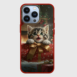 Чехол для iPhone 13 Pro Новогодний милый котенок на подарке, цвет: 3D-красный