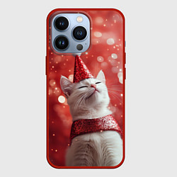 Чехол для iPhone 13 Pro Новогодняя довольный котик, цвет: 3D-красный