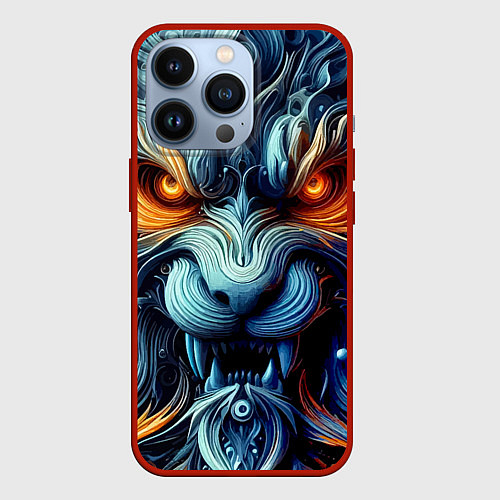 Чехол iPhone 13 Pro Морда свирепого льва - ирезуми / 3D-Красный – фото 1
