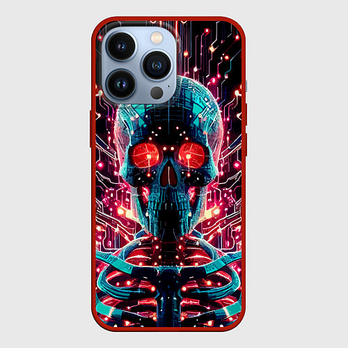 Чехол iPhone 13 Pro Neon cyber skull - ai art fantasy / 3D-Красный – фото 1