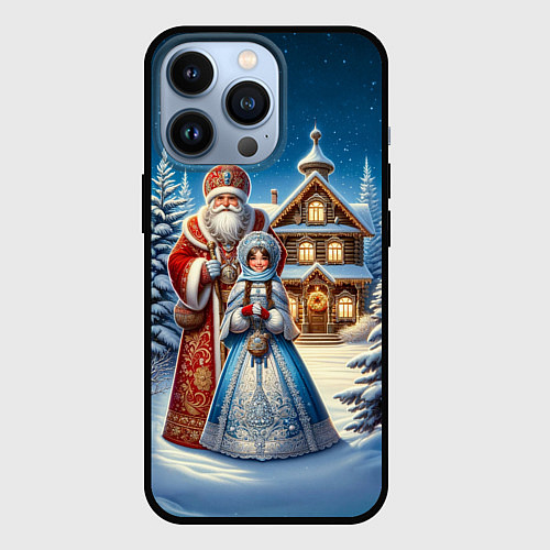 Чехол iPhone 13 Pro Дед Мороз и Снегурочка / 3D-Черный – фото 1