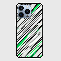 Чехол для iPhone 13 Pro Диагональные чёрно-зелёные полосы на белом фоне, цвет: 3D-черный