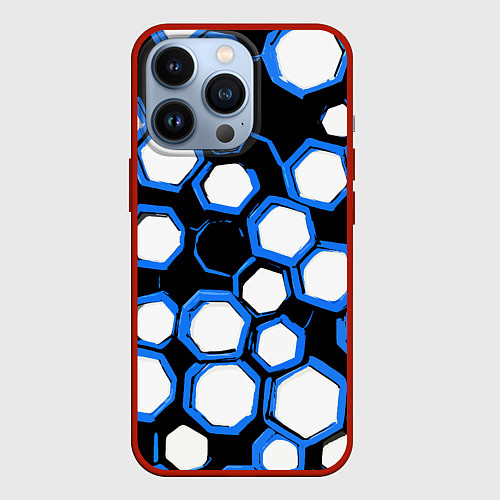 Чехол iPhone 13 Pro Бело-синие шестиугольники на чёрном фоне / 3D-Красный – фото 1