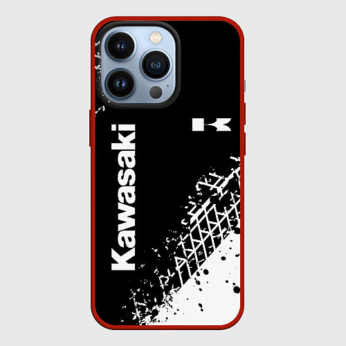 Чехол iPhone 13 Pro Kawasaki - следы от шин / 3D-Красный – фото 1