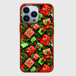 Чехол для iPhone 13 Pro Новогодние подарки в коробках, цвет: 3D-красный