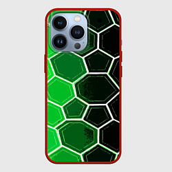 Чехол для iPhone 13 Pro Белые шестиугольники на чёрно-зелёном фоне, цвет: 3D-красный