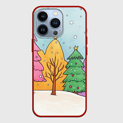 Чехол для iPhone 13 Pro Разноцветные елочки и деревья, цвет: 3D-красный