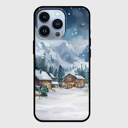 Чехол для iPhone 13 Pro Новый год - домики в горах, цвет: 3D-черный