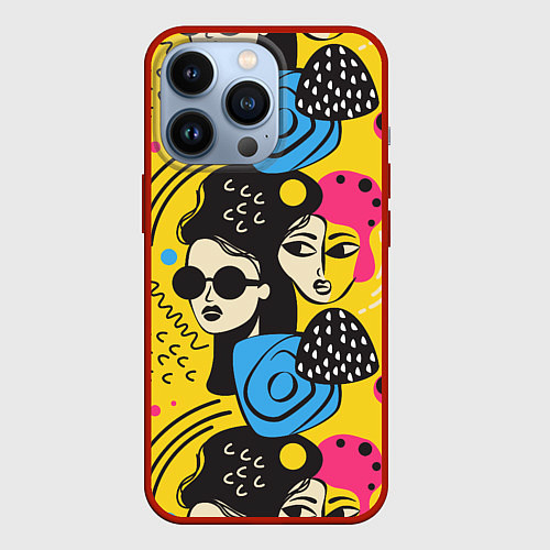Чехол iPhone 13 Pro Яркий паттерн с лицами девушек / 3D-Красный – фото 1