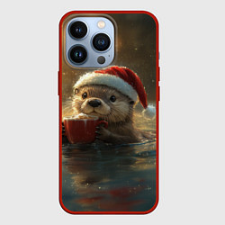 Чехол для iPhone 13 Pro Выдра с кофе на новый год, цвет: 3D-красный