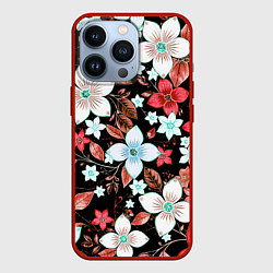 Чехол для iPhone 13 Pro Красно-белые цветы на чёрном фоне, цвет: 3D-красный
