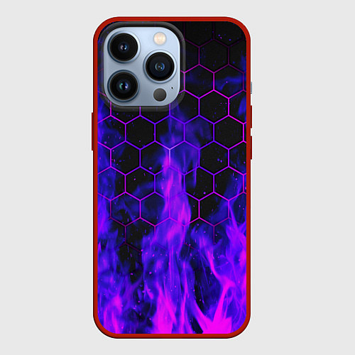 Чехол iPhone 13 Pro Неоновый огонь и соты / 3D-Красный – фото 1