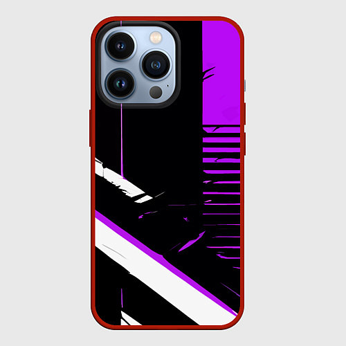 Чехол iPhone 13 Pro Полосы на чёрном фоне фиолетово-белые / 3D-Красный – фото 1