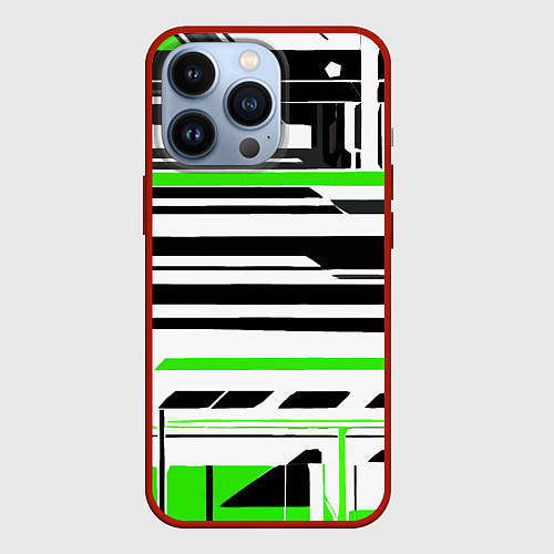 Чехол iPhone 13 Pro Зелёно-белые технологические линии на чёрном фоне / 3D-Красный – фото 1