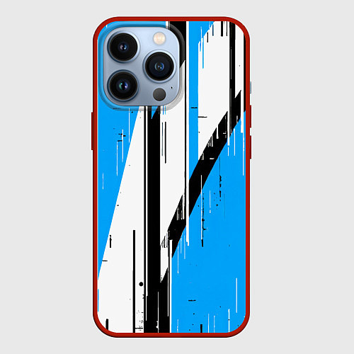 Чехол iPhone 13 Pro Чёрно-белые вертикальные полосы на синем фоне / 3D-Красный – фото 1