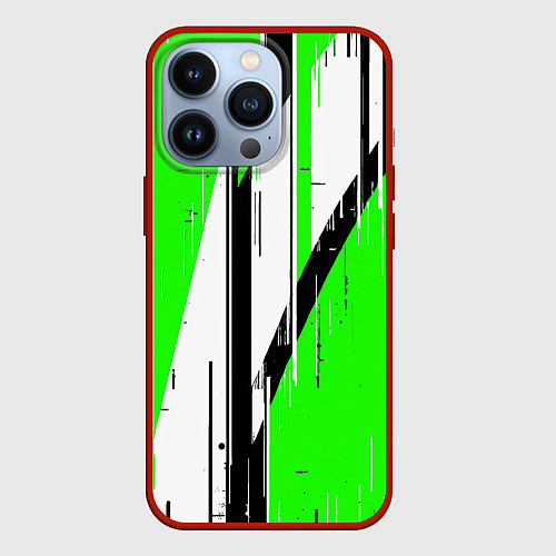 Чехол iPhone 13 Pro Black and white vertical stripes on a green backgr / 3D-Красный – фото 1