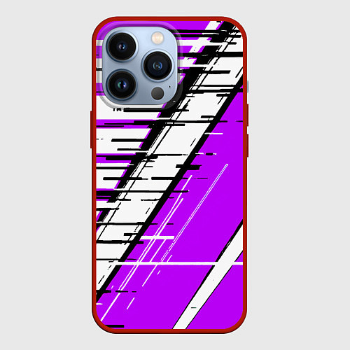 Чехол iPhone 13 Pro Чёрно-белые глитч полосы на фиолетовом фоне / 3D-Красный – фото 1