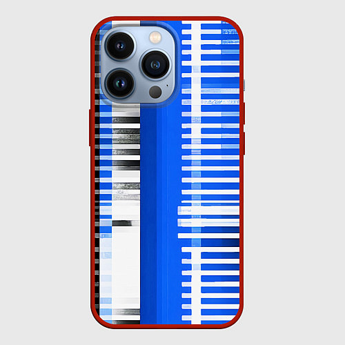 Чехол iPhone 13 Pro White stripes on a black and blue background / 3D-Красный – фото 1