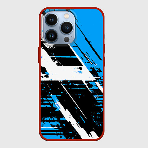 Чехол iPhone 13 Pro Diagonal black and white stripes on a blue backgro / 3D-Красный – фото 1