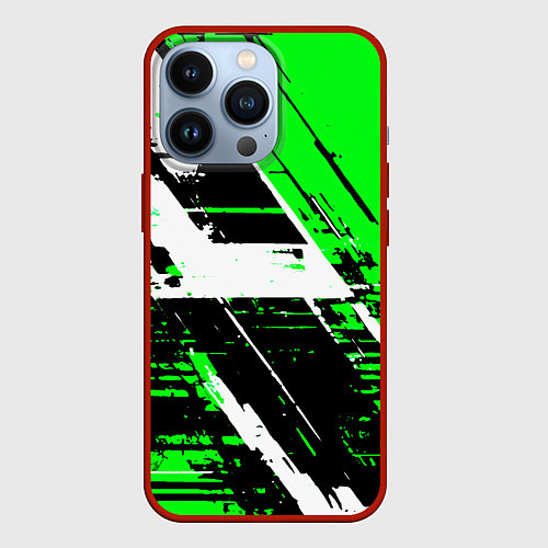 Чехол iPhone 13 Pro Diagonal black and white stripes on a green backgr / 3D-Красный – фото 1