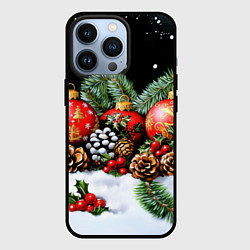 Чехол для iPhone 13 Pro Красные новогодние шарики, цвет: 3D-черный