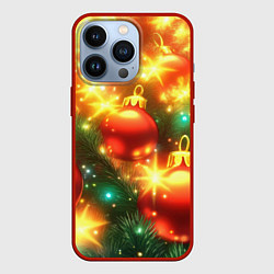 Чехол для iPhone 13 Pro Красные новогодние шары и гирлянда, цвет: 3D-красный