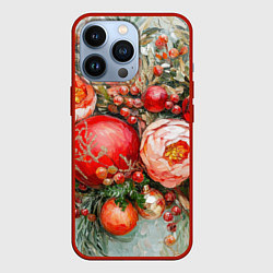 Чехол для iPhone 13 Pro Новогодние шары и цветы, цвет: 3D-красный