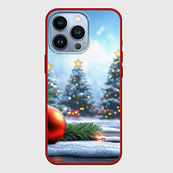 Чехол для iPhone 13 Pro Новогодние елки и шар, цвет: 3D-красный