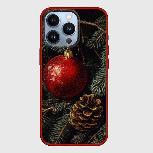 Чехол iPhone 13 Pro Красные новогодние шары с шишкой / 3D-Красный – фото 1