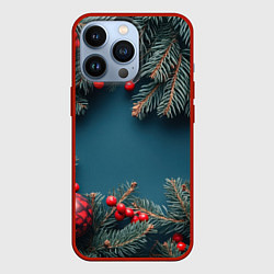 Чехол для iPhone 13 Pro Новогодний фон и рябина, цвет: 3D-красный