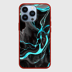 Чехол для iPhone 13 Pro Голубые флюиды на чёрном фоне, цвет: 3D-красный