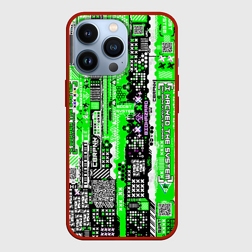 Чехол iPhone 13 Pro Киберпанк паттерн зелёный / 3D-Красный – фото 1