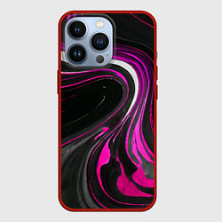 Чехол для iPhone 13 Pro Волнистые бело-розовые линии на чёрном фоне, цвет: 3D-красный