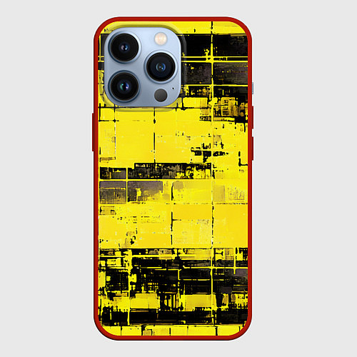 Чехол iPhone 13 Pro Чёрно-жёлтый техно-паттерн / 3D-Красный – фото 1