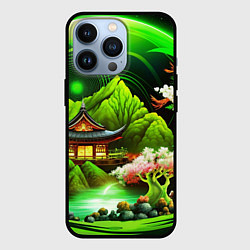Чехол для iPhone 13 Pro Природа Японии в зеленых цветах, цвет: 3D-черный