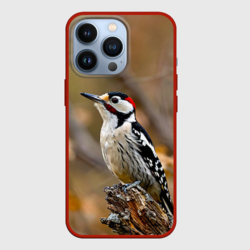 Чехол iPhone 13 Pro Дятел в лесу / 3D-Красный – фото 1