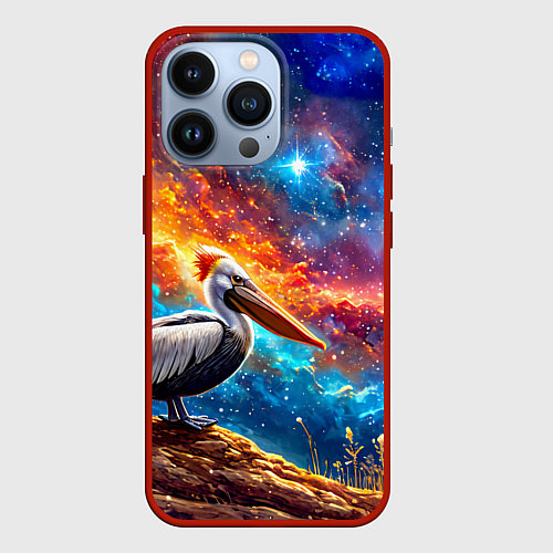 Чехол iPhone 13 Pro Пеликан в космосе / 3D-Красный – фото 1