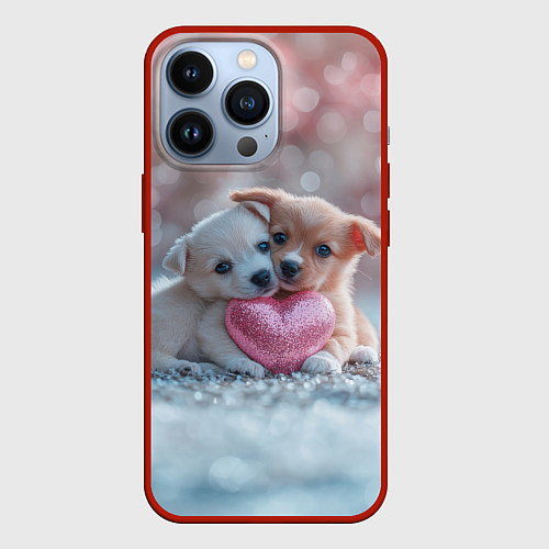 Чехол iPhone 13 Pro Милые щенята с сердечком / 3D-Красный – фото 1