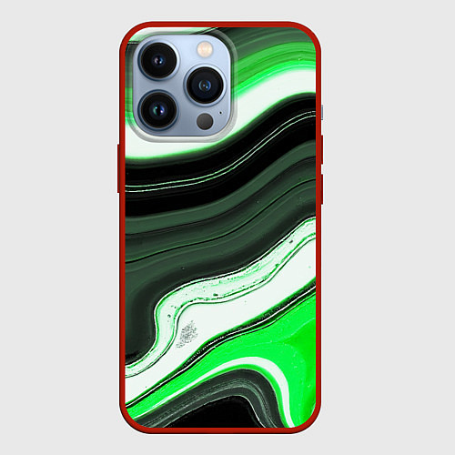 Чехол iPhone 13 Pro Волнистые горизонтальные чёрно-зелёные полосы на б / 3D-Красный – фото 1