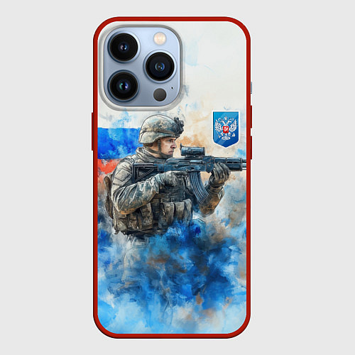 Чехол iPhone 13 Pro Русский солдат и герб РФ / 3D-Красный – фото 1