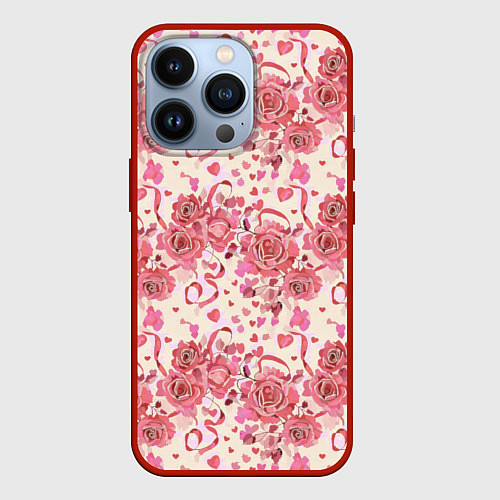 Чехол iPhone 13 Pro Букеты роз с сердечками / 3D-Красный – фото 1