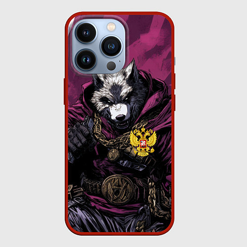 Чехол iPhone 13 Pro Волк с золотым гербом РФ / 3D-Красный – фото 1